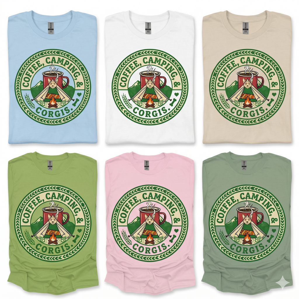 Coffee Camping Corgis T-Shirt Printify