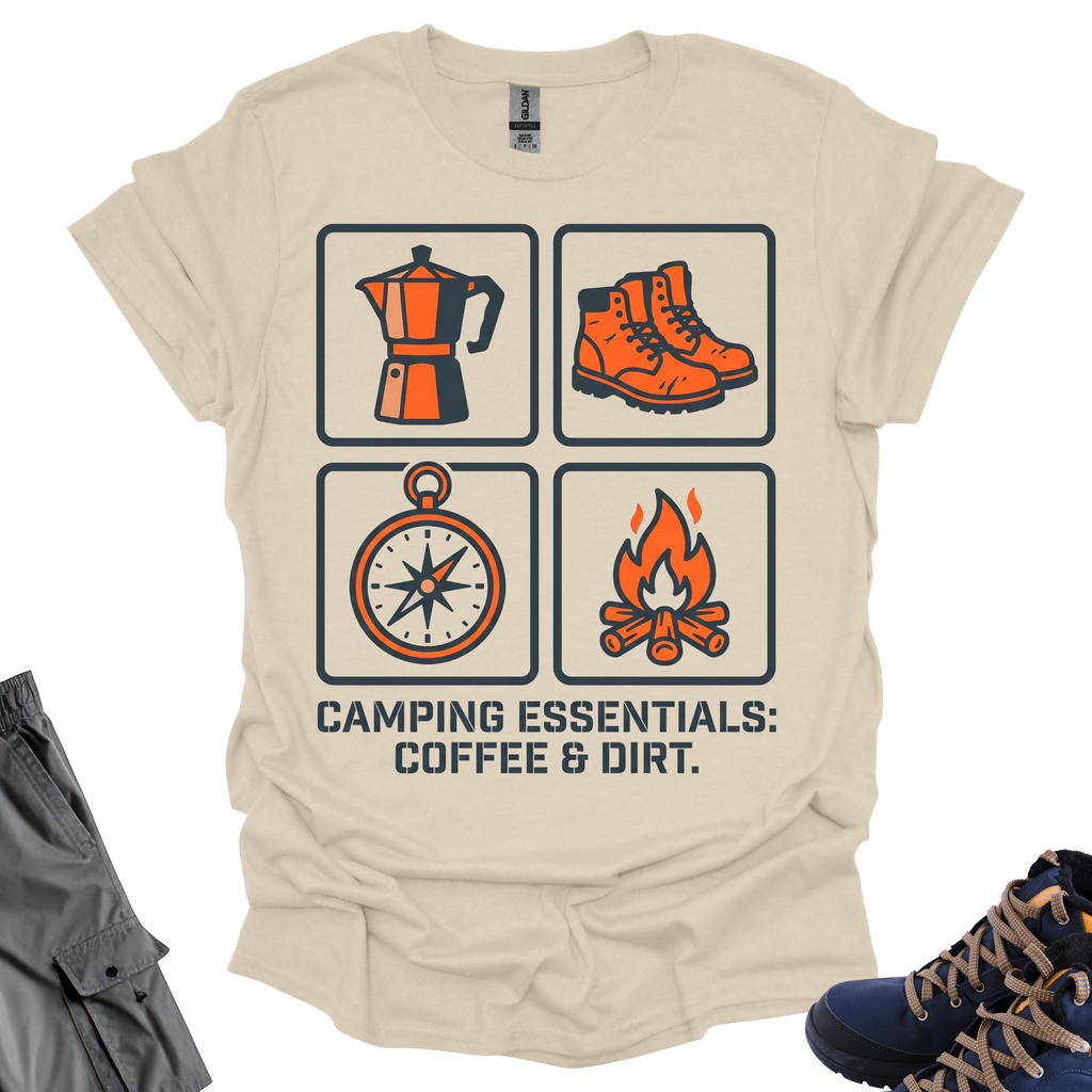 Camping Essentials Coffee & Dirt T-Shirt Printify